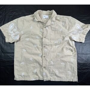 EPTM The Perfect Example Mens M Shirt Tan Button Front Paisley Print Ripstop